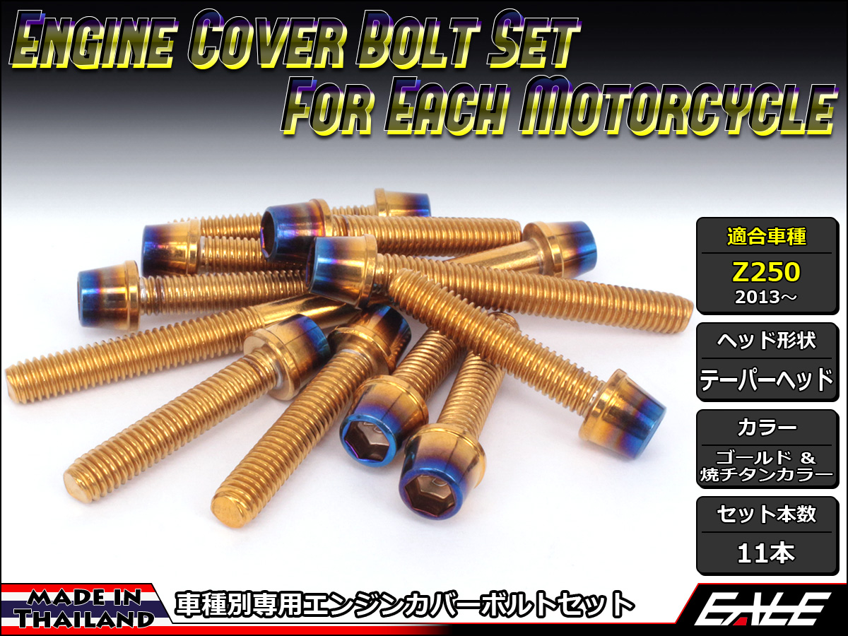 Z250(ER250) エンジンカバー ボルト11本set キャップボルト CTCテーパーヘッド ゴールド&焼チタンカラー TB8058