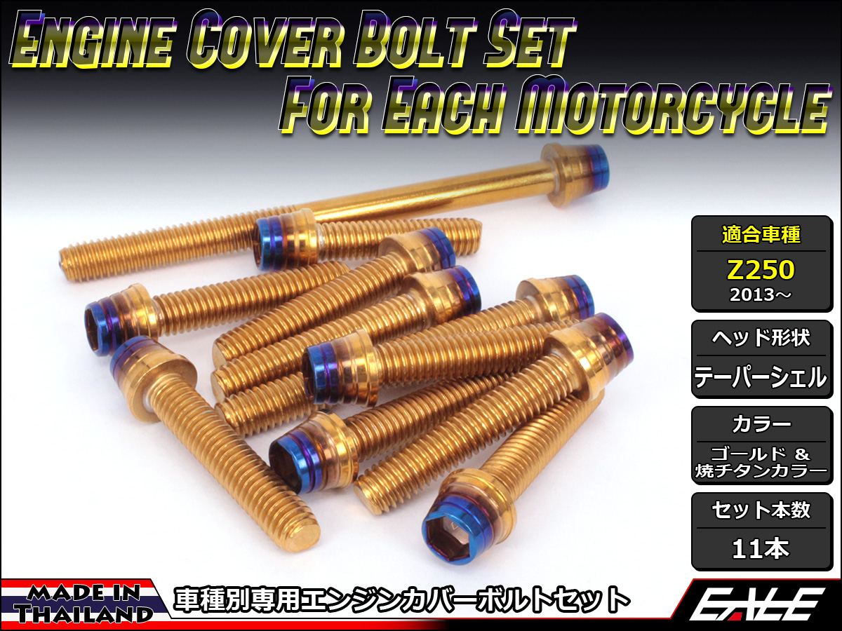 Z250(ER250) エンジンカバー ボルト11本set キャップボルト CTCテーパーシェルヘッド ゴールド&焼チタンカラー TB8062