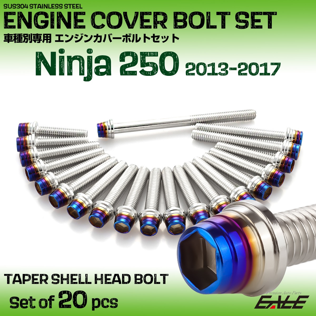 エンジンカバー ボルトセット ニンジャ250 Ninja250 2013-2017年 20本セット テーパーシェルヘッド シルバー＆ブルー TB8356