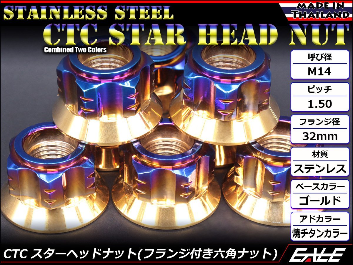 SUSステンレス M14スターヘッドナット P1.50 フランジ付六角ナット ツートンカラー ゴールド＆焼チタンカラー TF0147