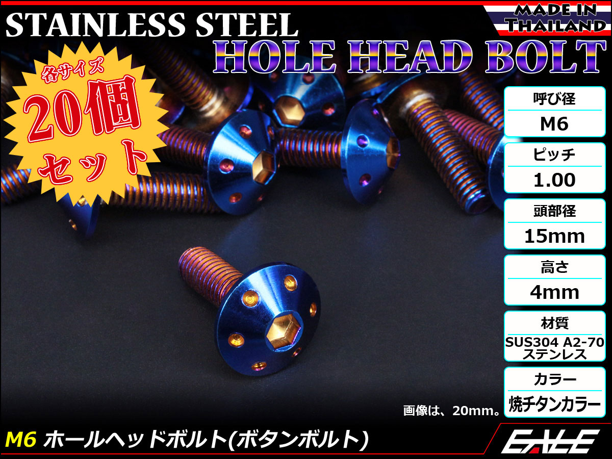 20個セット ボタンボルト M6×12mm P1.0 ホールヘッドボルト 六角穴 SUS304 ステンレス削り出し 焼きチタンカラー TR0079-20SET