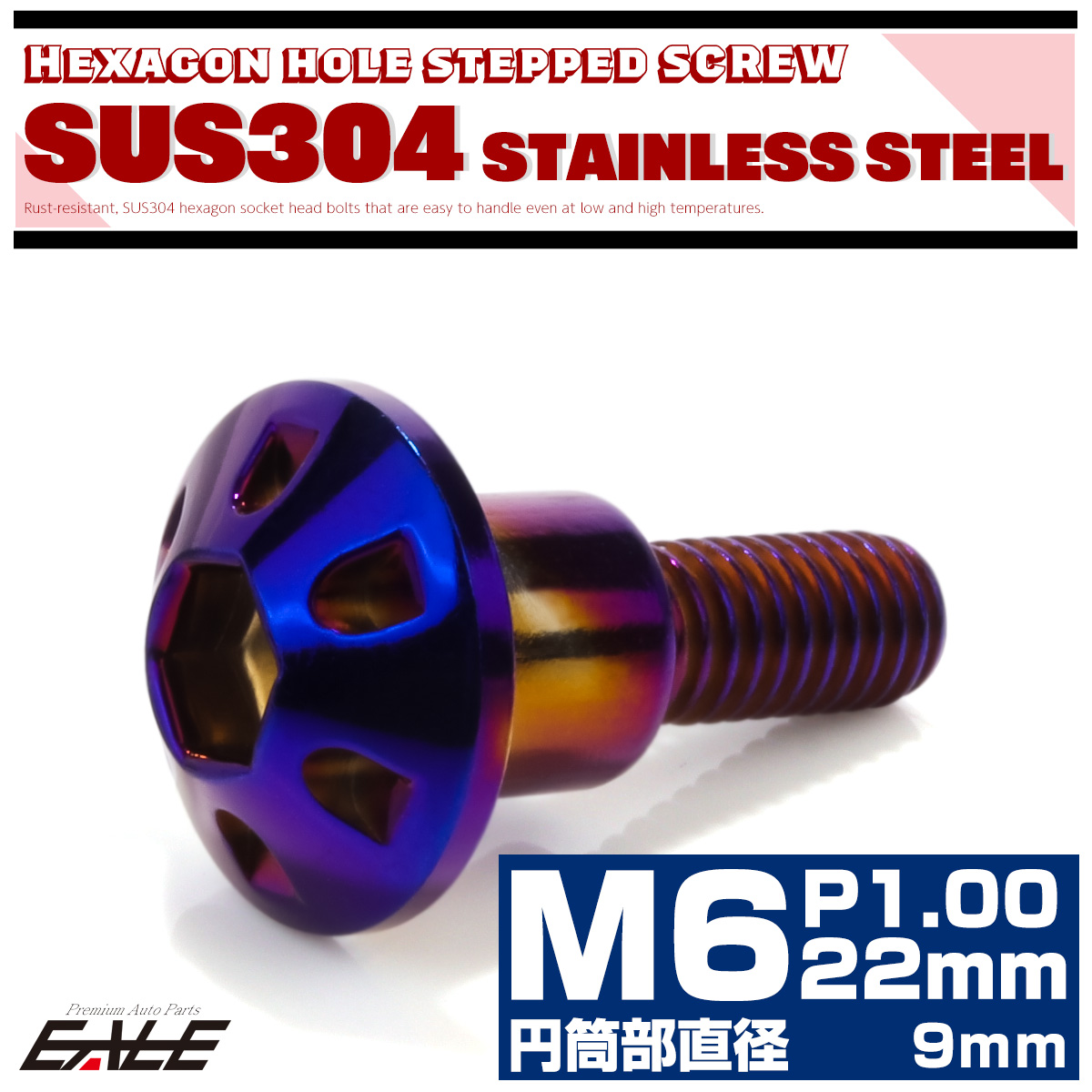 段付きボルト M6×22mm P1.0 円筒部直径9mm デザインヘッド SUS304 ステンレス 六角穴 フランジボルト 焼きチタンカラー TR0873 【メール便可】