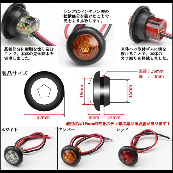 12V 24V 埋め込み型LED小型マーカーランプ 防水 （ F-142 F-143 F-144