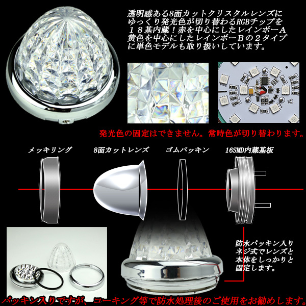送料無料】 10個セット 24V RGB LED 18基内蔵 8面クリスタル