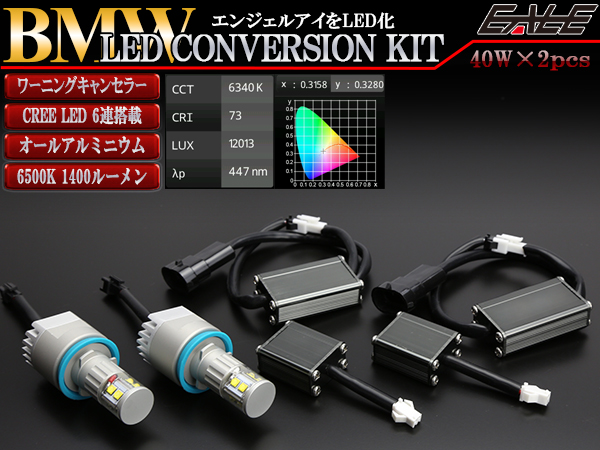 40W×2 BMW イカリング 交換用 LEDバルブ H8タイプ E87 E82 E88 E90 E91 E92 E93 E63 E64 E84 E70 E71 E89 6500K 1400ルーメン H-51