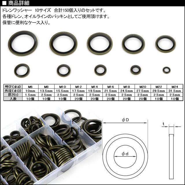 シールワッシャー ドレンワッシャー 10種セット 合計150個入