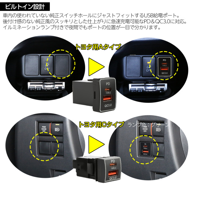 USB給電ポート TYPE-C トヨタ用 Aタイプ 純正スイッチホール