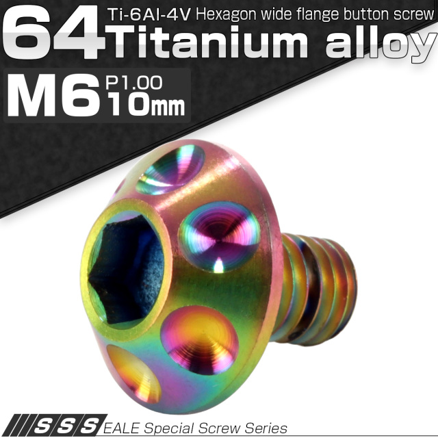 チタンボルト M6×10mm P1.00 頭部径14mm ボタンボルト 六角穴 ホールヘッド レインボー 虹色 JA006 【メール便可】