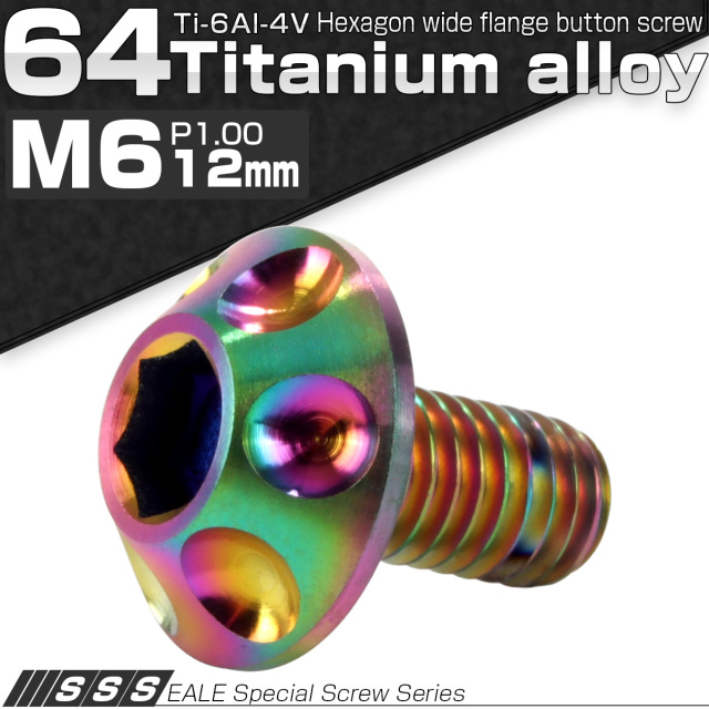 チタンボルト M6×12mm P1.00 頭部径14mm ボタンボルト 六角穴 ホールヘッド レインボー 虹色 JA007 【メール便可】