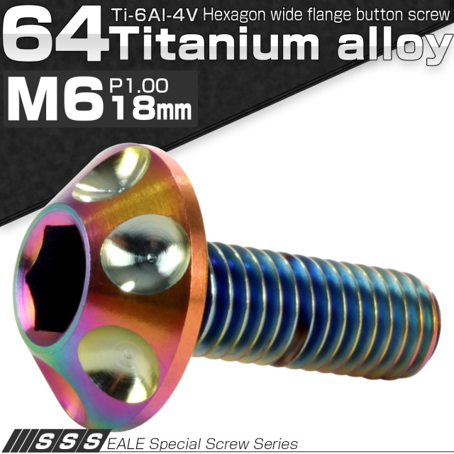 チタンボルト M6×18mm P1.00 頭部径14mm ボタンボルト 六角穴 ホールヘッド レインボー 虹色 JA009 【メール便可】
