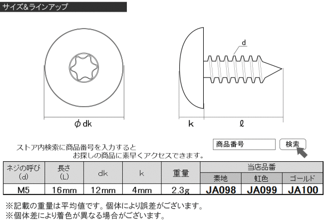 64チタン製 タッピングネジ M5 16mm トルクス トラス 虹色 レインボー
