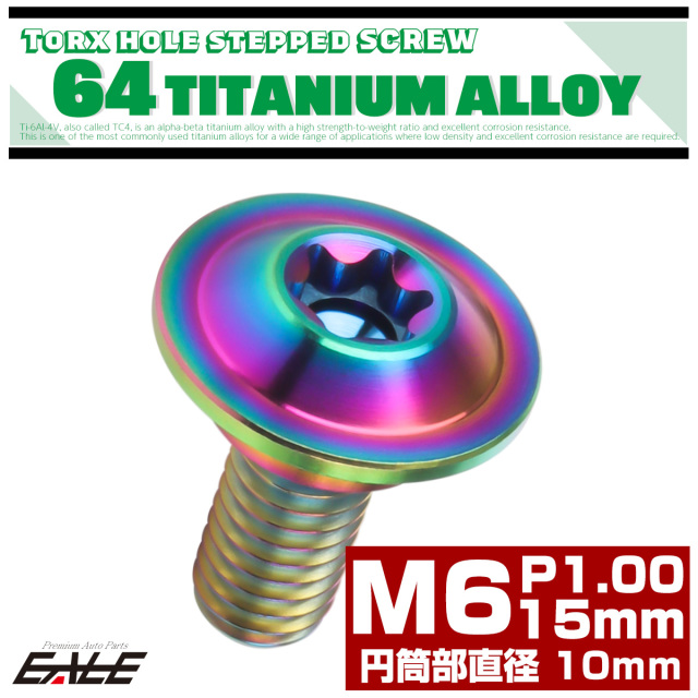 チタン 段付きボルト M6×15mm P1.0 円筒部直径10mm トルクス穴 段付き フランジボルト レインボー JA1060 【メール便可】