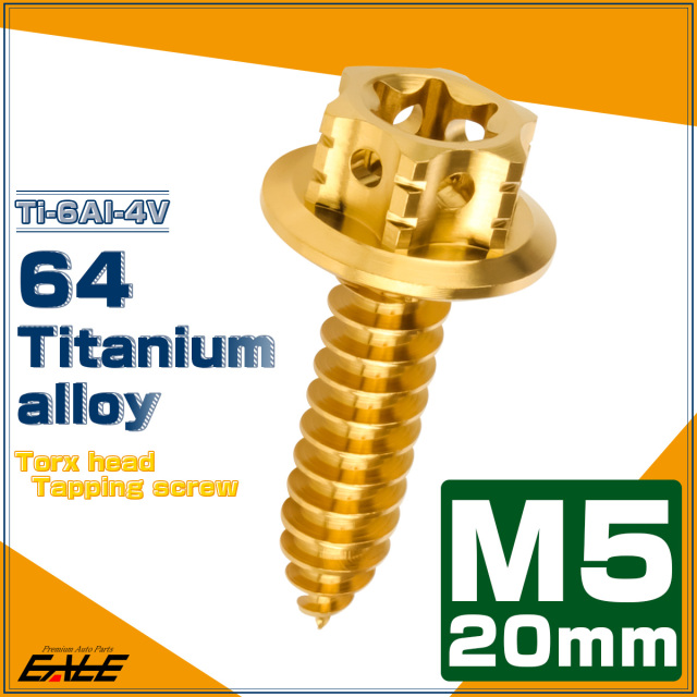 64チタン製 M5×20mm タッピングネジ トルクス穴 フランジ付 ヘキサゴンヘッド ビス ゴールド JA1207 【メール便可】