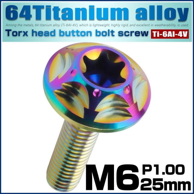 チタンボルト M6×25mm P1.0 ボタンボルト フランジ付き トルクス穴 レインボー JA1385 【メール便可】