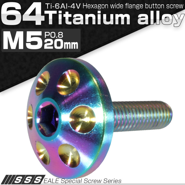 チタンボルト M5×20mm P0.80 頭部径18mm ボタンボルト 六角穴 レインボー ホール JA166 【メール便可】