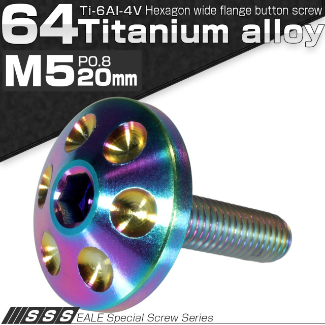 チタンボルト M5×20mm P0.80 頭部径18mm ボタンボルト 六角穴 ホールヘッド レインボー 虹色 JA166 【メール便可】