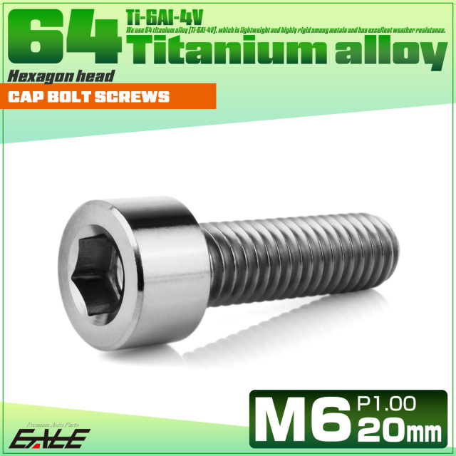 チタンボルト M6×20mm P1.0 キャップボルト キャップスクリュー 六角穴付き ボルト シルバー JA1933 【メール便可】