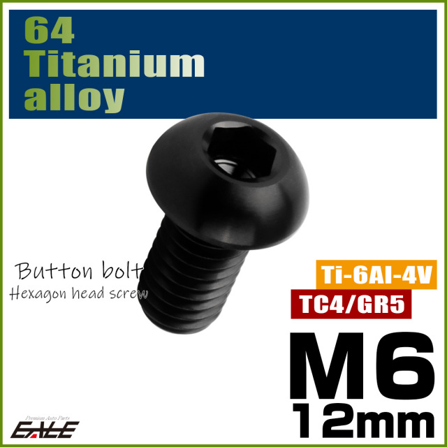 チタンボルト M6×12mm P1.0 ボタンボルト 六角穴 ブラック JA2256 【メール便可】