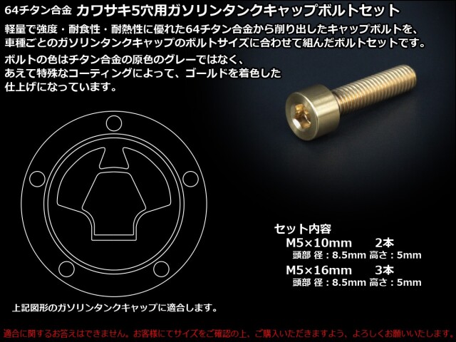 チタンボルト 5本セット カワサキ5穴 キャップボルト フューエルタンク