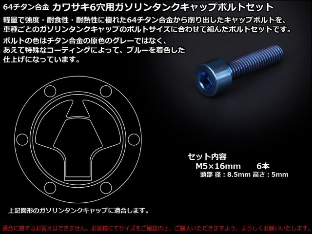 チタンボルト 6本セット カワサキ6穴 キャップボルト フューエルタンク チタンボルト 6本セット カワサキ6穴 キャップボルト フューエルタンク