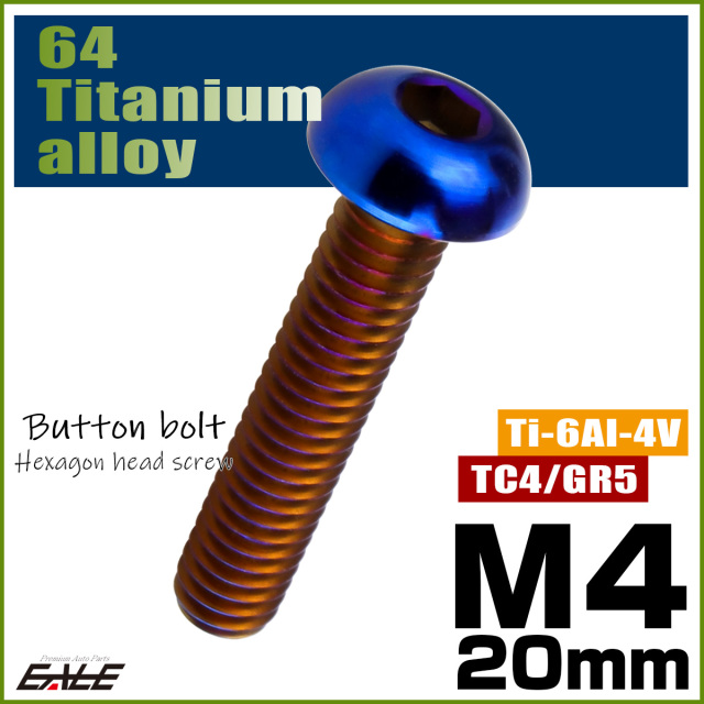 チタンボルト M4×20mm P0.7 ボタンボルト 六角穴 焼きチタンカラー ダークカラー JA2650 【メール便可】