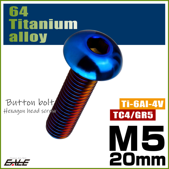 チタンボルト M5×20mm P0.8 ボタンボルト 六角穴 焼きチタンカラー ダークカラー JA2656 【メール便可】