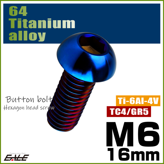 チタンボルト M6×16mm P1.0 ボタンボルト 六角穴 焼きチタンカラー ダークカラー JA2661 【メール便可】
