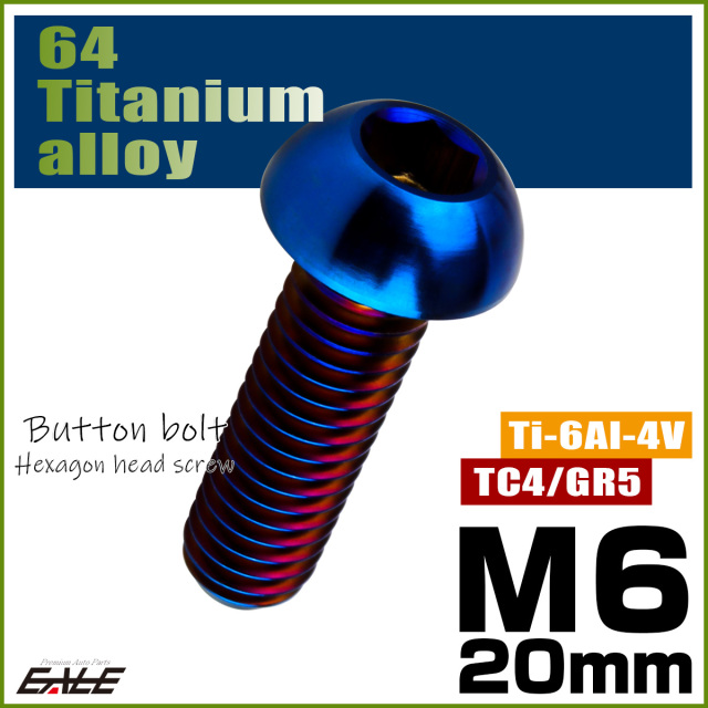 チタンボルト M6×20mm P1.0 ボタンボルト 六角穴 焼きチタンカラー ダークカラー JA2662 【メール便可】