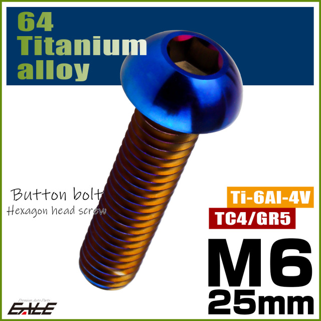 チタンボルト M6×25mm P1.0 ボタンボルト 六角穴 焼きチタンカラー ダークカラー JA2663 【メール便可】