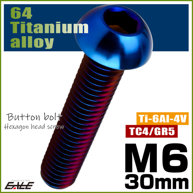 チタンボルト M6×30mm P1.0 ボタンボルト 六角穴 焼きチタンカラー ダークカラー JA2664 【メール便可】