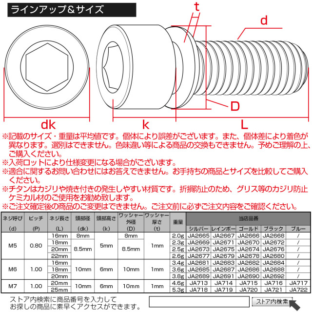 チタンボルト M7×20mm P1.0 ワッシャー組込 六角穴 キャップボルト
