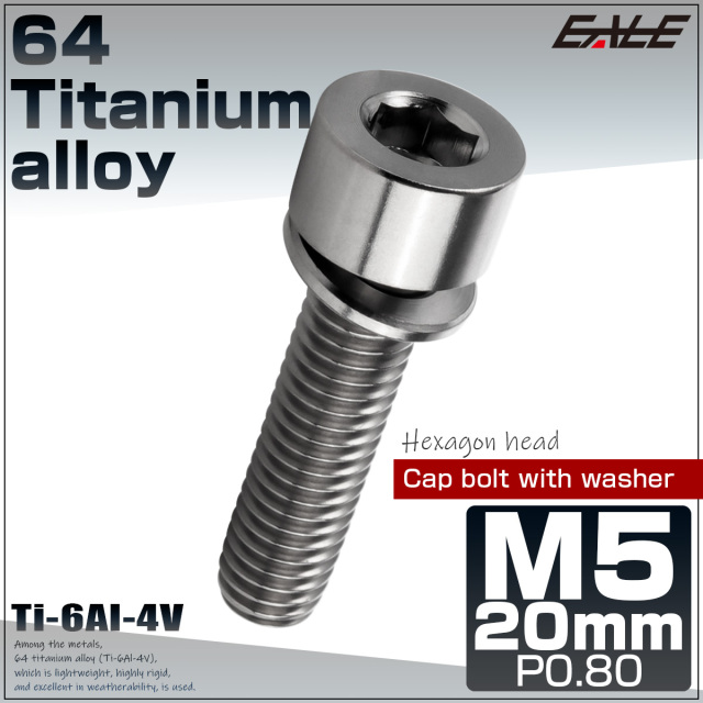 チタンボルト M5×20mm P0.8 ワッシャー組込 六角穴 キャップボルト シルバー チタン原色 JA2673 【メール便可】