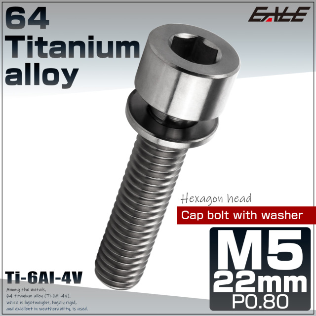 チタンボルト M5×22mm P0.8 ワッシャー組込 六角穴 キャップボルト シルバー チタン原色 JA2677 【メール便可】