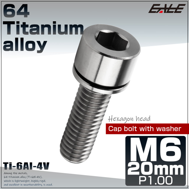 チタンボルト M6×20mm P0.8 ワッシャー組込 六角穴 キャップボルト シルバー チタン原色 JA2689 【メール便可】