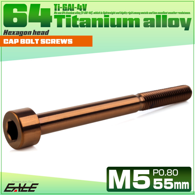 チタンボルト M5×55mm P0.8 キャップボルト キャップスクリュー 六角穴付き ボルト ブロンズ JA3059 【メール便可】