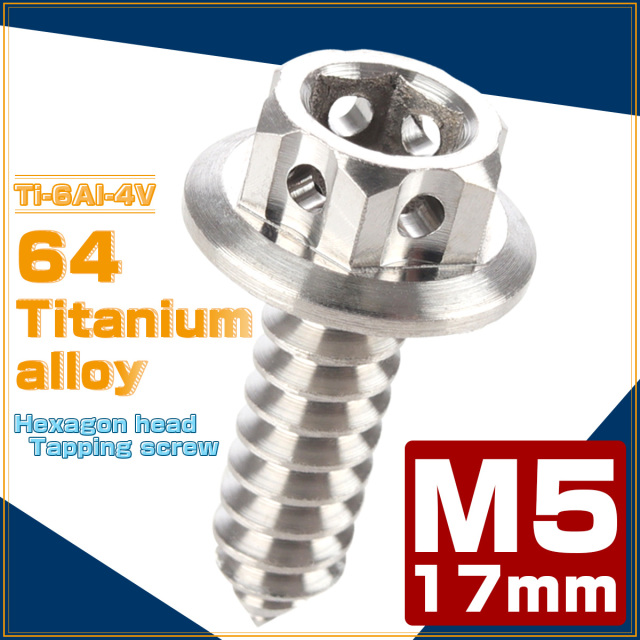 64チタン製 M5×17mm タッピングネジ フランジ付 六角頭 ヘキサゴンヘッド ビス シルバー チタン原色 JA603 【メール便可】