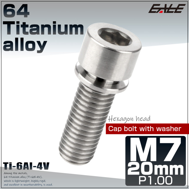 64チタン M7×20mm P1.0 ワッシャー付き キャップボルト 六角穴 ステム チタンボルト シルバー チタン原色 JA713 【メール便可】