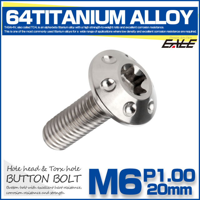 64チタン M6×20mm P1.0 ボタンボルト ホールヘッド T型 トルクス穴 チタンボルト シルバー JA869 【メール便可】