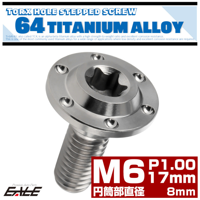 チタン 段付きボルト M6×17mm P1.0 円筒部直径8mm ホールヘッド トルクス穴 段付き フランジボルト シルバー JA879 【メール便可】