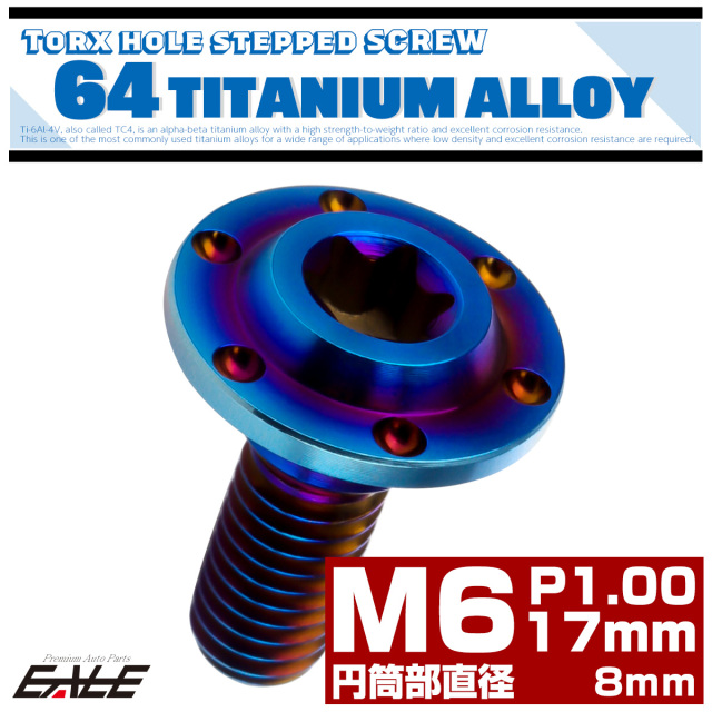 チタン 段付きボルト M6×17mm P1.0 円筒部直径8mm ホールヘッド トルクス穴 段付き フランジボルト 焼きチタン JA880 【メール便可】