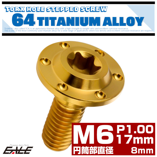 チタン 段付きボルト M6×17mm P1.0 円筒部直径8mm ホールヘッド トルクス穴 段付き フランジボルト ゴールド JA881 【メール便可】