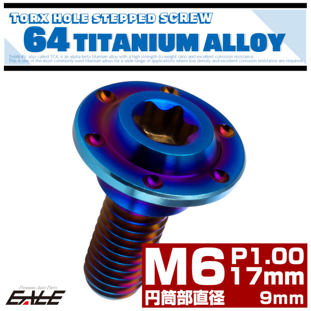 チタン 段付きボルト M6×17mm P1.0 円筒部直径9mm ホールヘッド トルクス穴 段付き フランジボルト 焼きチタン JA883 【メール便可】