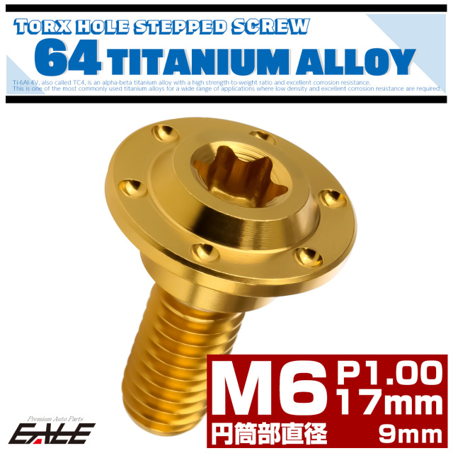 チタン 段付きボルト M6×17mm P1.0 円筒部直径9mm ホールヘッド トルクス穴 段付き フランジボルト ゴールド JA884 【メール便可】