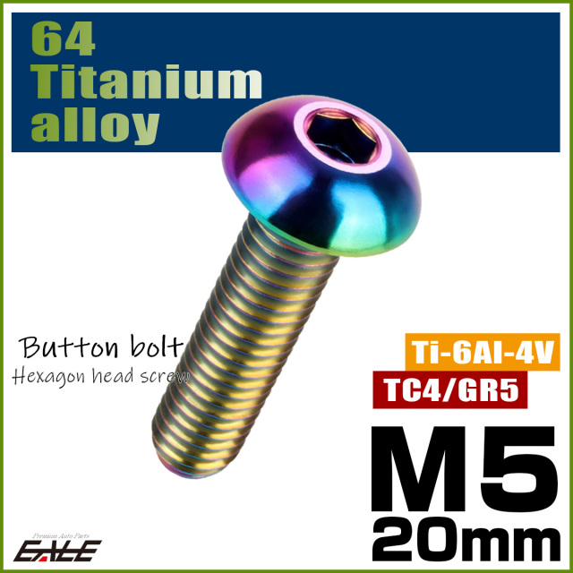 チタンボルト M5×20mm P0.8 ボタンボルト 六角穴 レインボー 虹色 ライトカラー JA898 【メール便可】