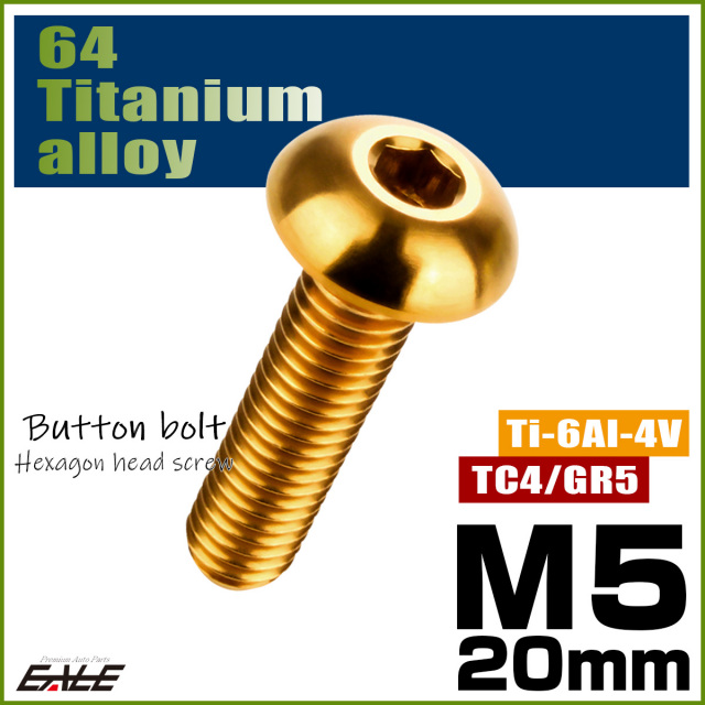 チタンボルト M5×20mm P0.8 ボタンボルト 六角穴 ゴールド JA899 【メール便可】