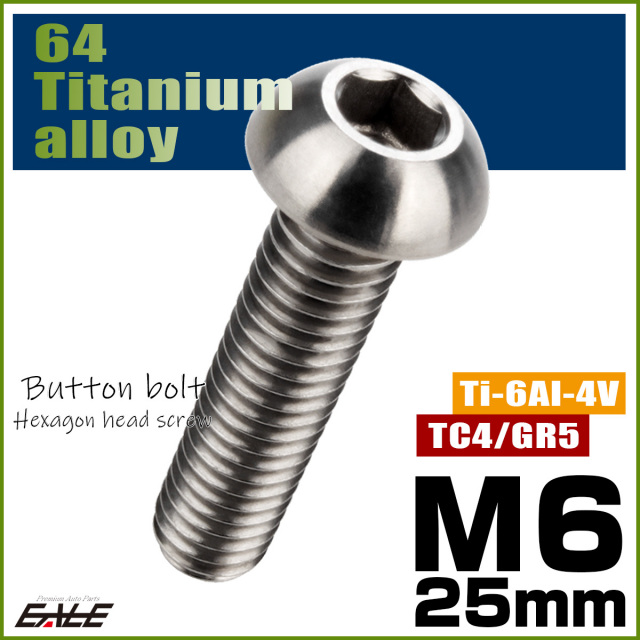 チタンボルト M6×25mm P1.0 ボタンボルト 六角穴 シルバー原色 JA915 【メール便可】