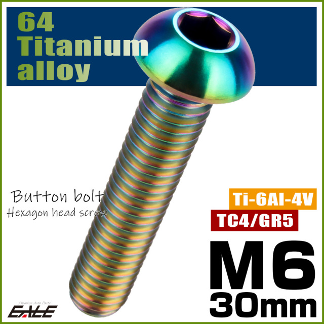 チタンボルト M6×30mm P1.0 ボタンボルト 六角穴 レインボー 虹色 ライトカラー JA919 【メール便可】