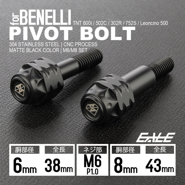 ベネリ用 レバー 取付用 ピボットボルト M6 P1.0 胴部径6＆8mm ステンレス マットブラック S-1053-1054-BK-SET 【メール便可】