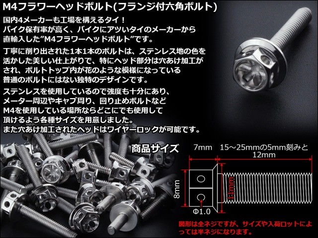 M4×12mm フラワー ヘッド ボルト ステンレス 削り出し フランジ付六角