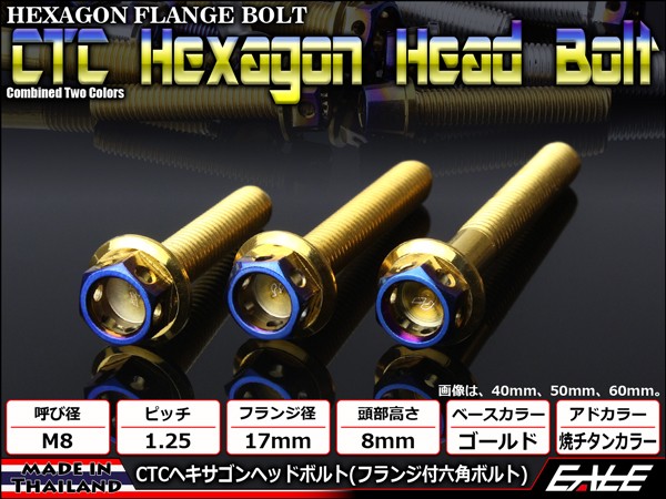 M8×80mm P1.25 フランジ ヘキサゴンヘッドボルト 六角ボルト ステンレス CTC ゴールド＆焼チタンカラー TB0819 【メール便可】